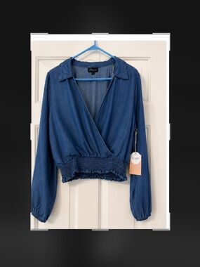 Blashe Los Angeles Indigo Wrap Crop Long Sleeve Top